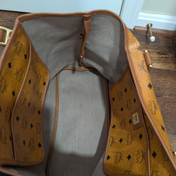 MCM Cognac Logo-Print Limited Ed Tote with Coral Stripe - Picture 7 of 8